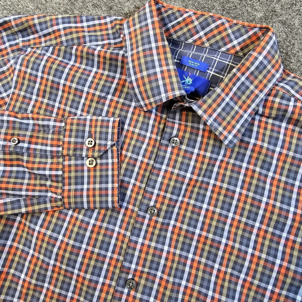 Egara Mens Slim Fit Large Plaid Shirt Stretch Non Iron Button Up‎ Orange Blue